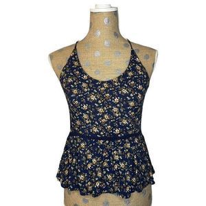 Shasa Women's Navy Blue Floral Flounce Low Open Back Light Tank Top Size S